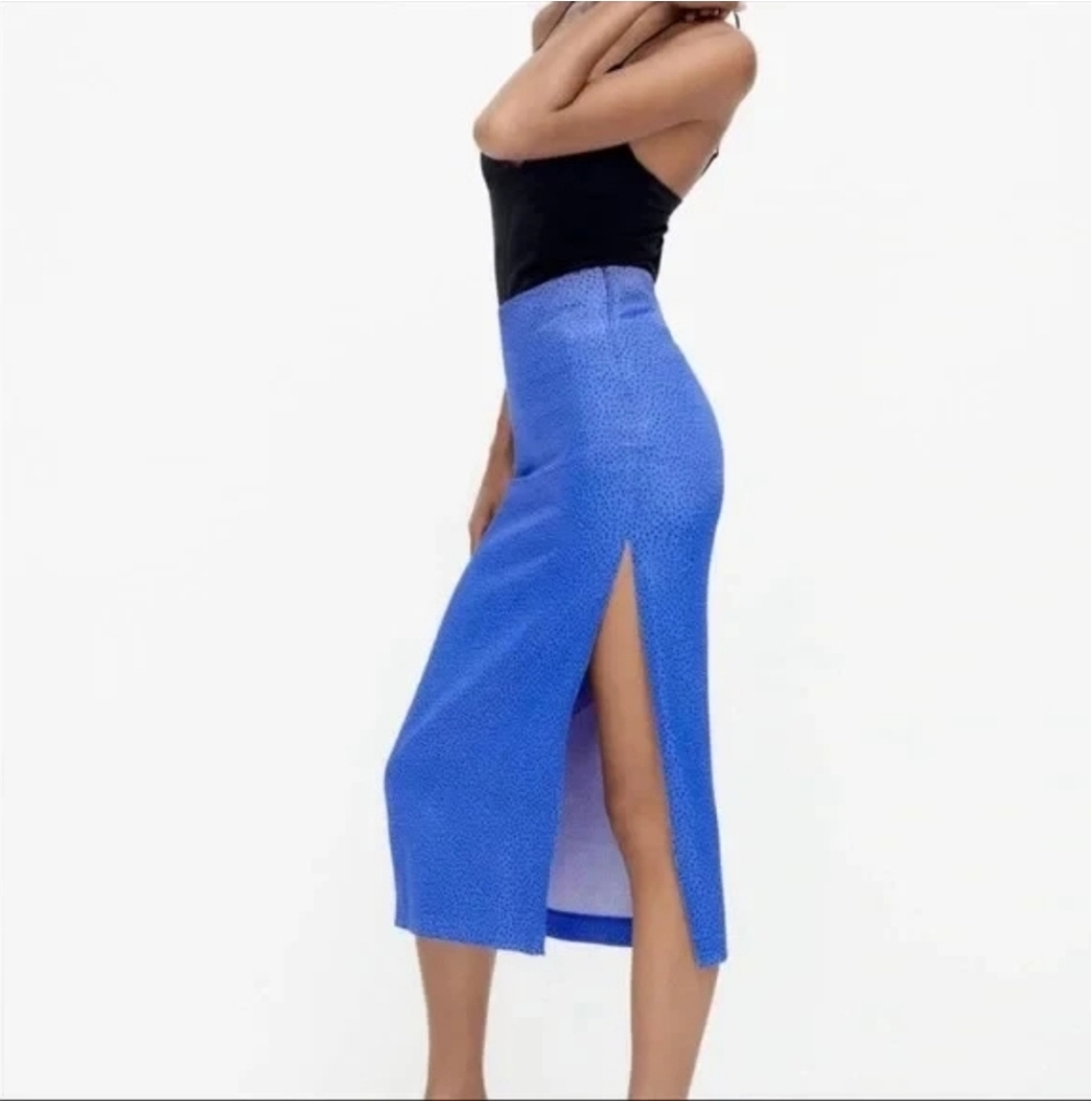 Zara Midi Skirt Satinside Slit‎ Polka Dot Royal Blue And Black Size Small